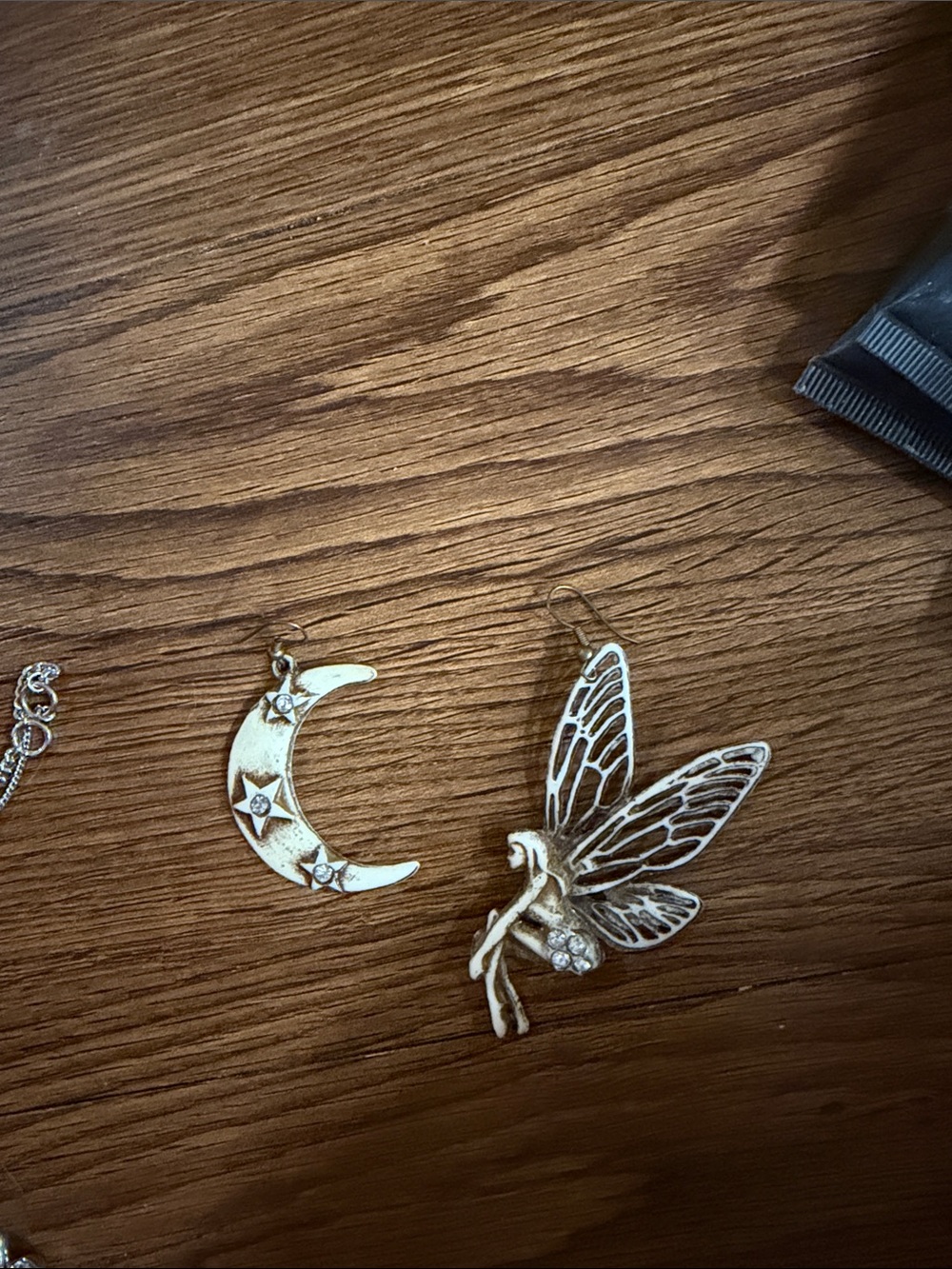 Silver Moon and Fairy Dangle Earrings - Silver Tone